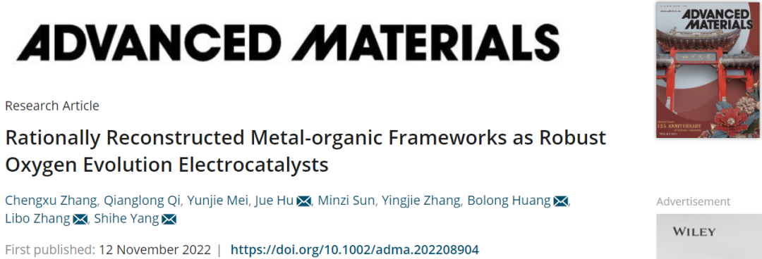 杨世和/张利波/胡觉/黄勃龙AM：重构MOF作为稳定的OER电催化剂