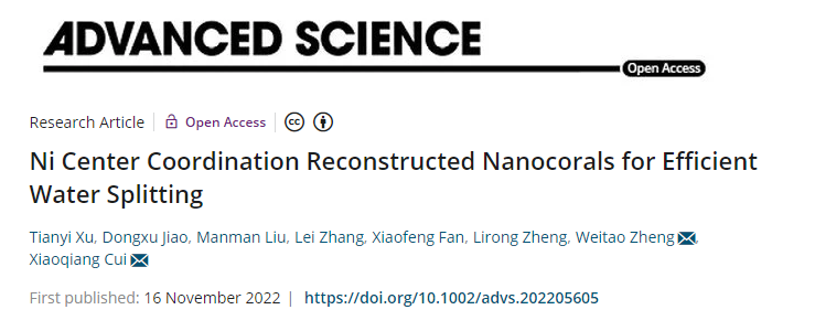 崔小强&郑伟涛Adv. Sci.：Ni中心配位重构的纳米珊瑚高效分解水