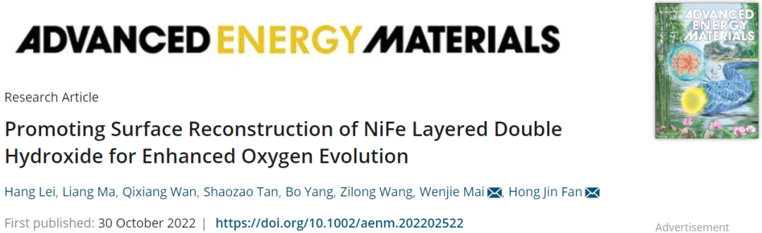 南洋理工/暨大AEM：NiFe LDH的表面重构助力OER