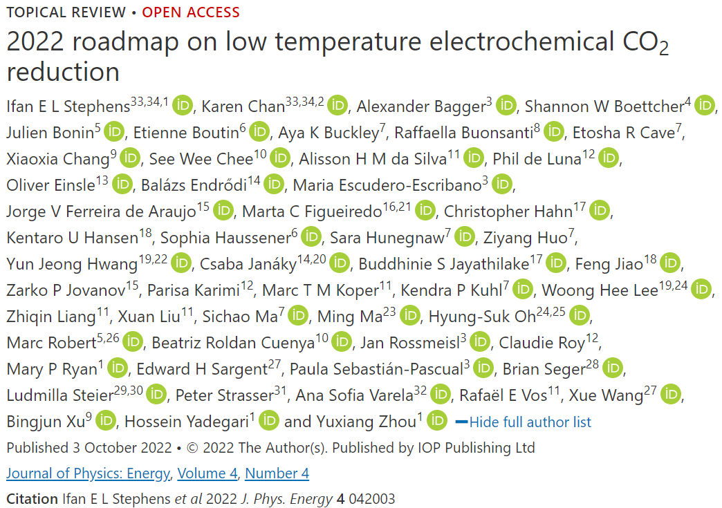 大作！53位专家学者共同阐述：2022年低温电化学CO2还原路线图！