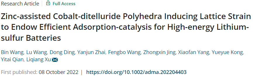 山东大学徐立强AM：锌辅助钴二硒多面体诱导晶格应助力高能锂硫电池高效吸附催化