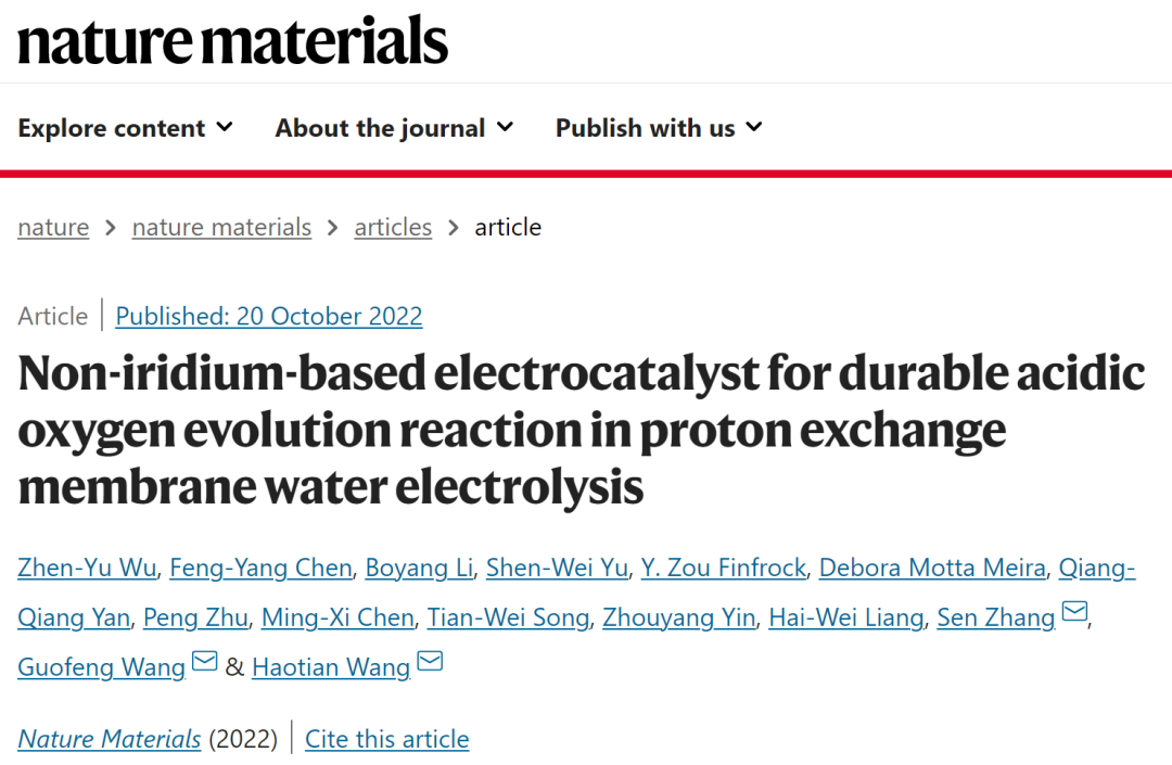 汪淏田/王国峰/张森，最新Nature Materials！刷爆酸性电解水记录！