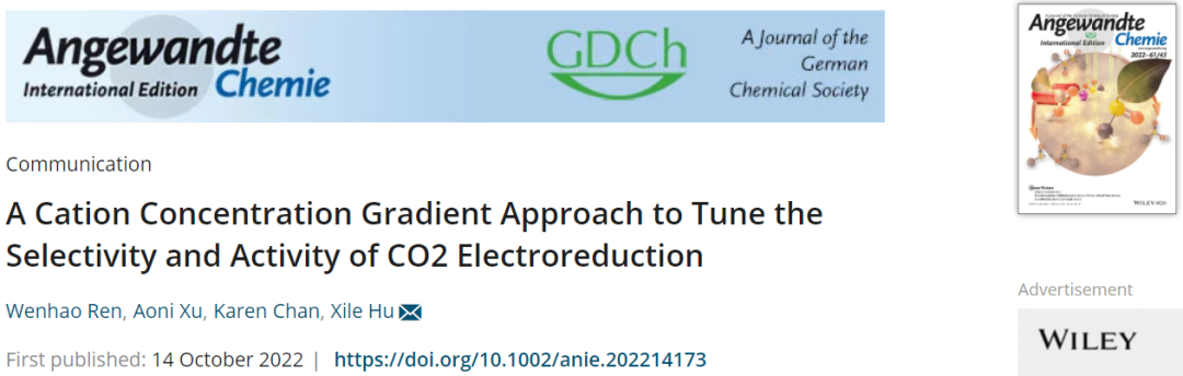 胡喜乐教授Angew：阳离子浓度梯度法助力CO2电还原选择性和活性