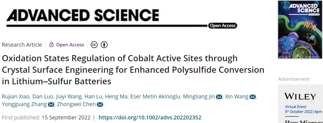 ​三单位联合Adv. Sci.：调节钴活性位点氧化态增强Li-S电池中多硫化物转化
