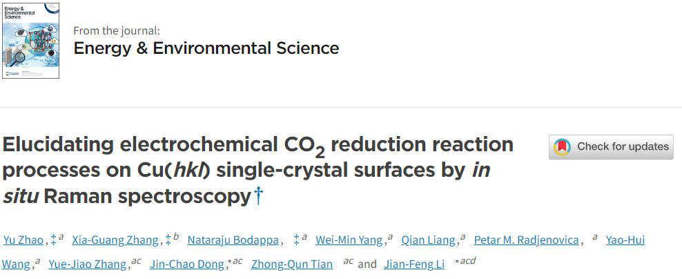 ​李剑锋/董金超EES：原位拉曼光谱揭示Cu单晶表面CO2电还原反应过程