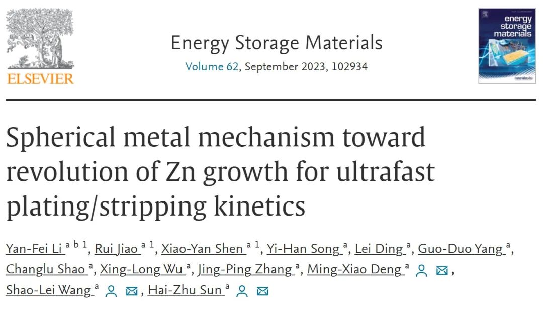 孙海珠/王绍磊/邓明虓EnSM：球形锌金属生长机制助力超快沉积/剥离动力学