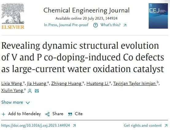 杨秀林团队Chem. Eng. J.：V和P共掺杂诱导Co缺陷实现大电流析氧反应
