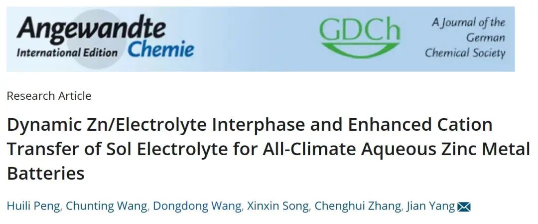 杨剑/汪冬冬Angew.：动态锌/电解液界面及溶胶电解质增强的阳离子转移实现全天候水系锌金属电池