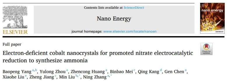 中南Nano Energy：缺电子Co纳米晶立大功，有效促进NO3−电还原为NH3