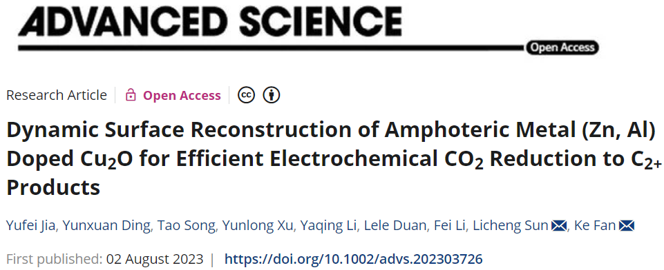 ​范科/孙立成Adv. Sci.：Cu2O-Zn高效电化学还原CO2为C2+产物