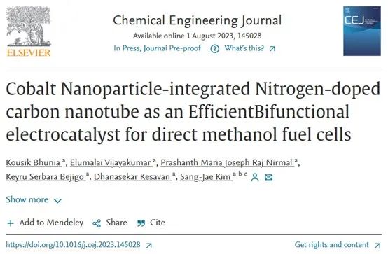 Chem. Eng. J.：钴纳米颗粒与氮掺杂碳纳米管，实现高效氧还原和甲醇氧化！