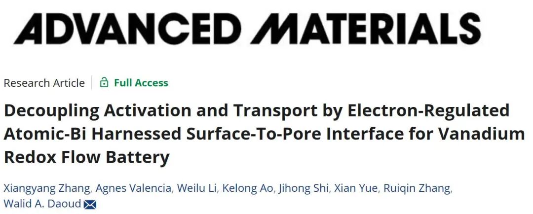 ​港城大AM：基于电子调控铋原子表面-孔界面的钒氧化还原流电池解耦活化与迁移