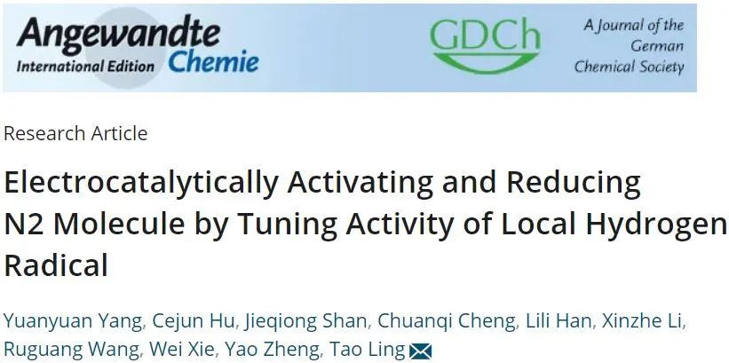 Angew.：通过调节局部氢自由基的活性实现电催化活化/还原N2分子