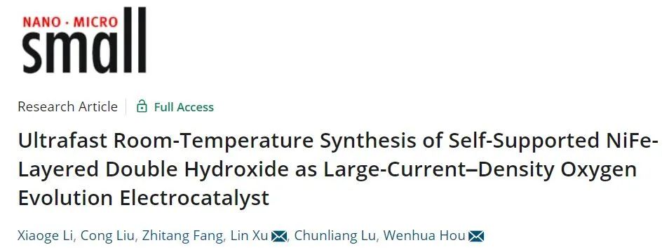 南大侯文华/南师大徐林Small: 超快室温合成！自支撑NiFe-LDH用于大电流密度析氧