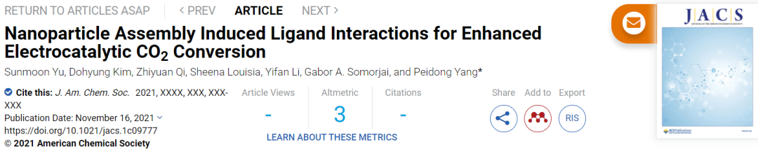 杨培东JACS：纳米颗粒组装诱导配体相互作用增强电催化CO2转化