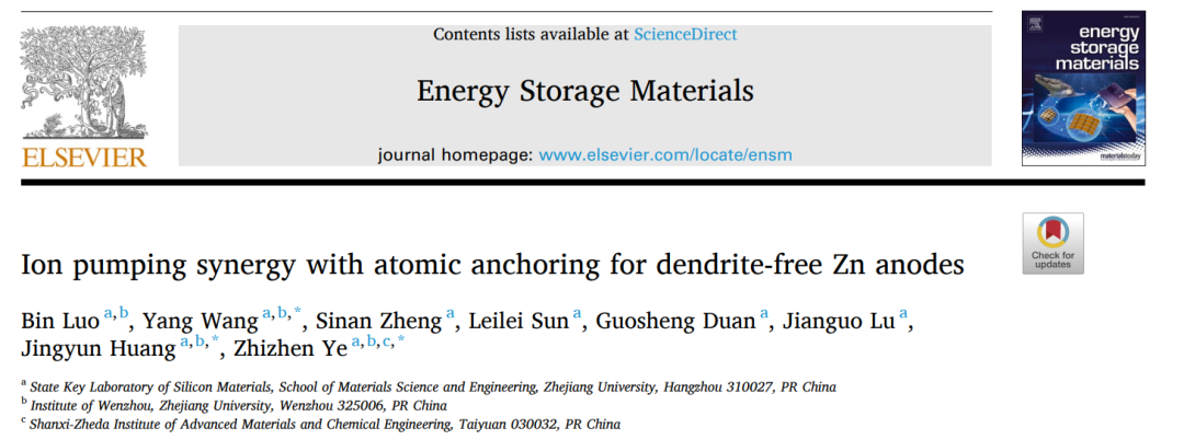 叶志镇院士/黄靖云EnSM：离子抽运与原子锚定协同实现无枝晶锌负极