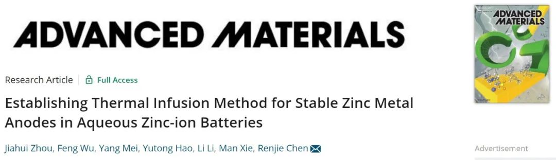 北理陈人杰AM：首次报道热灌注策略制备稳定的锌金属负极