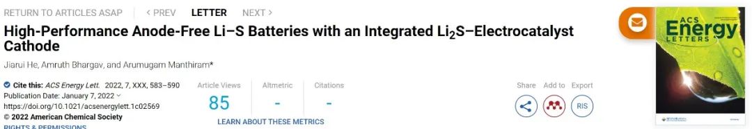 Arumugam Manthiram教授最新成果：高性能无负极Li-S电池