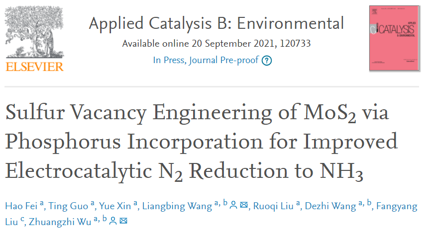 吴壮志/王梁炳Appl. Catal. B.：P-掺杂S空位的MoS2助力电催化N2还原为NH3