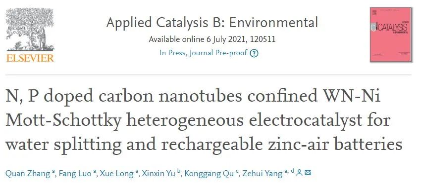 Appl. Catal. B Environ.：N, P掺杂的碳纳米管用于水分解和可充电锌空电池