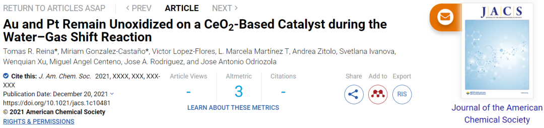 JACS：CeO2基催化剂上Au和Pt在WGS反应中有何变化？