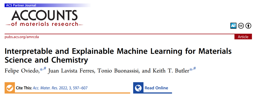 Acc. Mater. Res.综述: 可解释机器学习在材料科学和化学中的应用