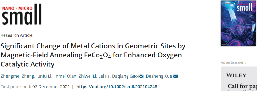 兰大薛德胜/高大强Small：磁场退火FeCo2O4提高氧催化活性，几何位点中金属阳离子的显着变化