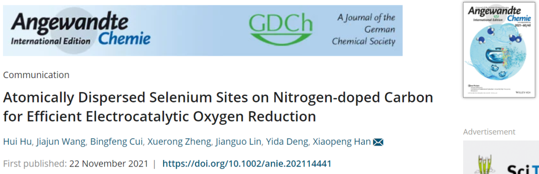 天大韩晓鹏Angew.：氮掺杂碳上原子分散的Se位点助力高效电催化ORR