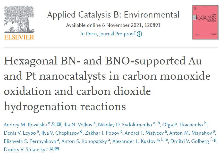 Appl. Catal. B.：六方BN和BNO负载的Au和Pt纳米催化剂助力CO氧化和CO2加氢反应