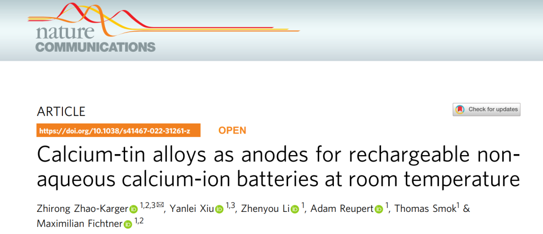 Nature子刊：钙锡合金作为室温下可充电非水系钙离子电池负极