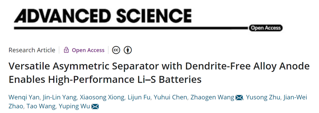 吴宇平/王召根Adv. Sci.：非对称隔膜+无枝晶合金负极实现高性能锂硫电池！