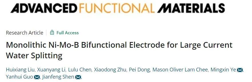 复旦AFM：可在5 A cm-2下反应，Ni-Mo-B双功能电极用于大电流密度分解水