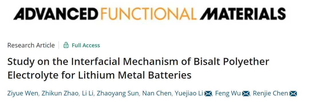 吴锋院士/陈人杰/李月姣AFM：锂金属电池双盐聚醚电解质界面机理研究