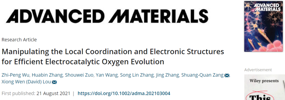 楼雄文/臧双全AM：操纵局部配位和电子结构实现高效电催化OER