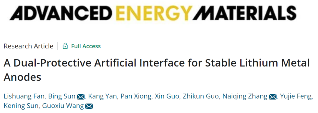 汪国秀/张乃庆/孙兵AEM: 稳定锂金属负极的双重保护人工界面
