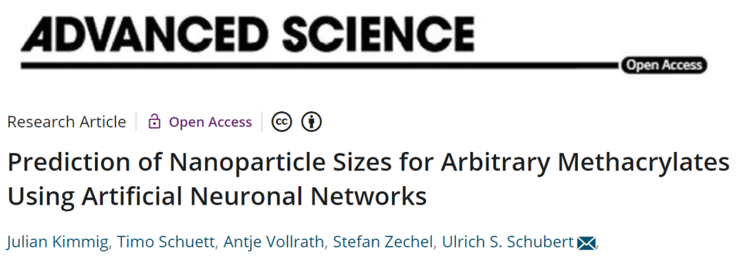 耶拿大学Adv. Sci.: 人工神经网络预测任意甲基丙烯酸酯的纳米颗粒尺寸