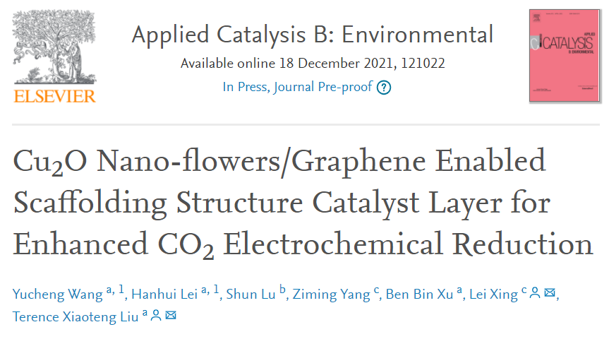 Appl. Catal. B.：Cu2O纳米花/石墨烯支架结构催化剂层增强CO2电化学还原