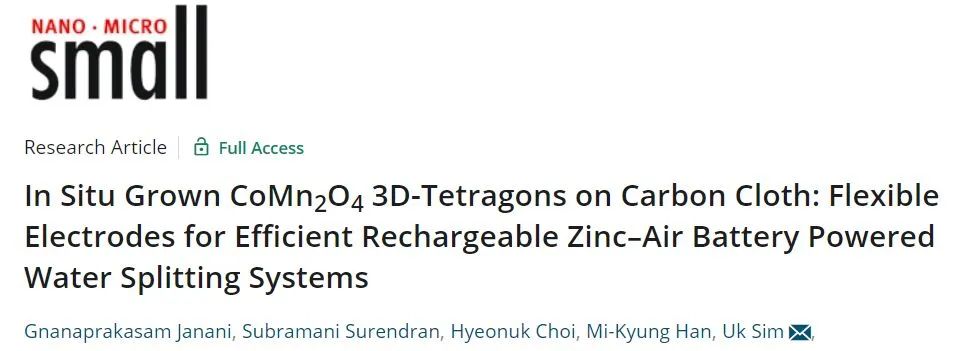 Small: 首次报道！原位生长CoMn2O4用于高效可充电ZAB供电的EWS系统的柔性电极