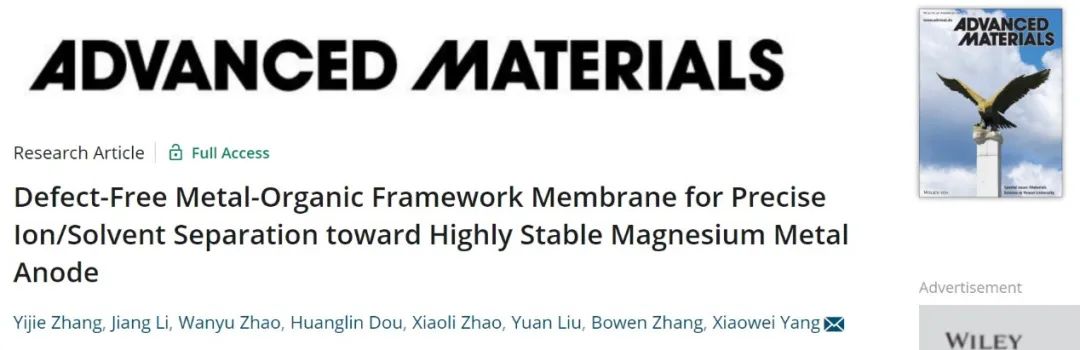 上海交大杨晓伟AM：无缺陷MOF膜实现高稳定镁金属负极