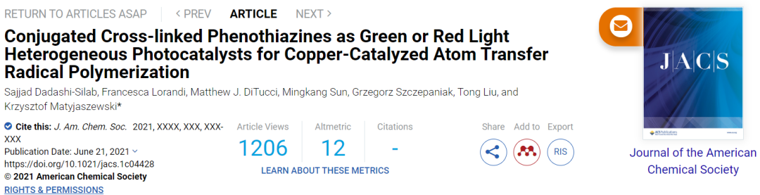 JACS：共轭交联吩噻嗪作为绿光或红光多相光催化剂用于铜催化ATRP