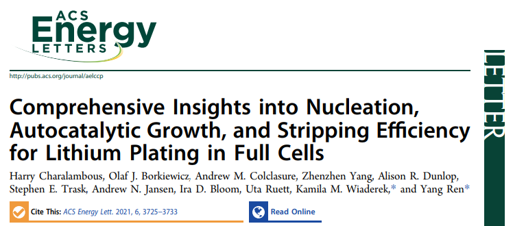 阿贡ACS Energy Lett.：全面认识全电池锂电镀的成核、自催化生长和剥离效率