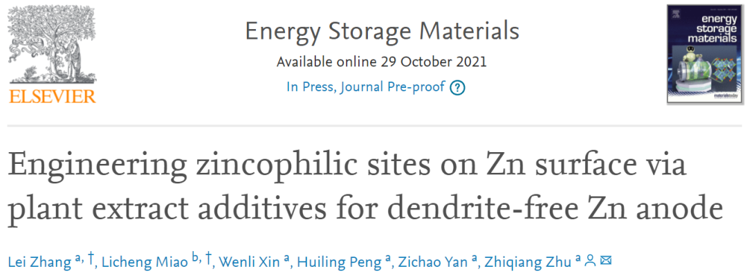 湖大朱智强EnSM：植物提取物作为电解液添加剂实现无枝晶锌负极