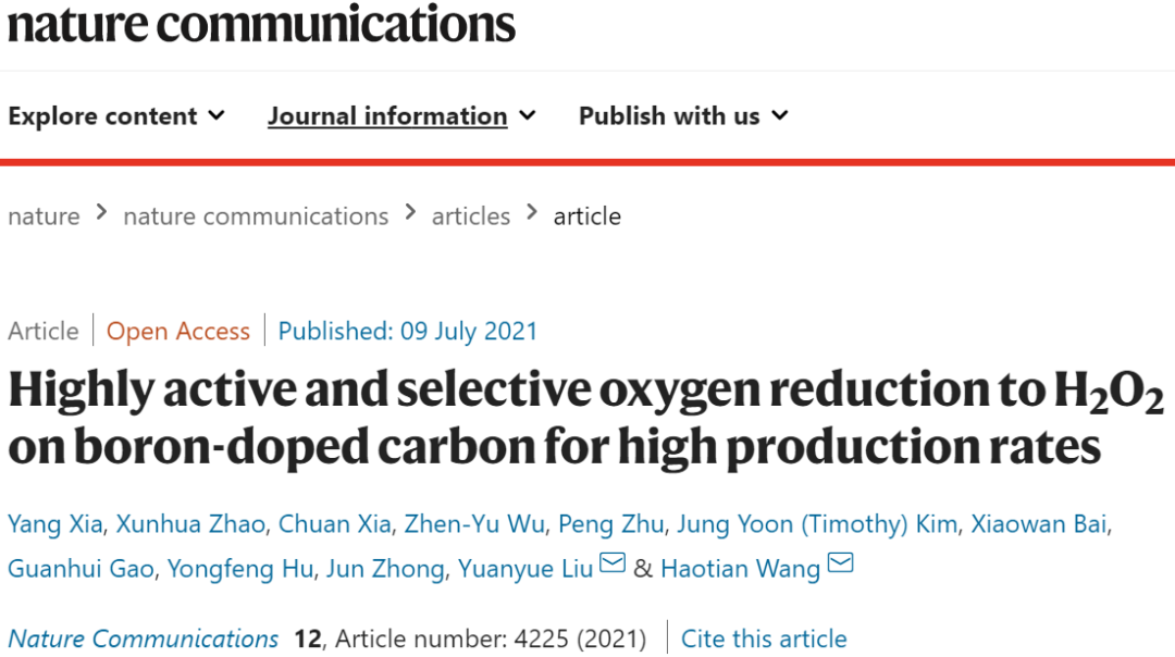 汪淏田等Nature子刊：95%FE、400 mA cm-2局部电流！B-C催化剂高效氧还原为H2O2