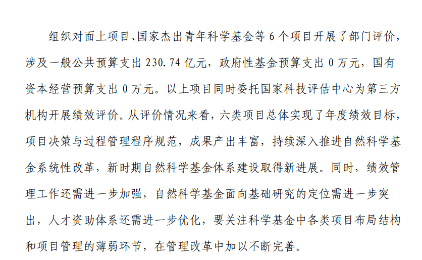 2021年国基金项目绩效评价：1人未通过杰青综合评审；建议增加面上项目数量，按 1%比例抽查开展结题后评估