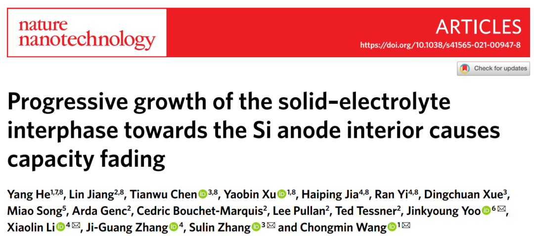 三单位联发Nature nanotechnol.: 冷冻电镜立功！揭示SEI向Si负极内部的逐渐生长导致容量衰减