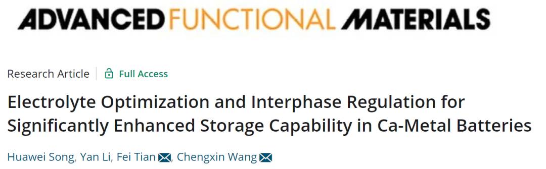 王成新/田非AFM: 显著增强钙金属电池存储能力的电解液优化和相间调节