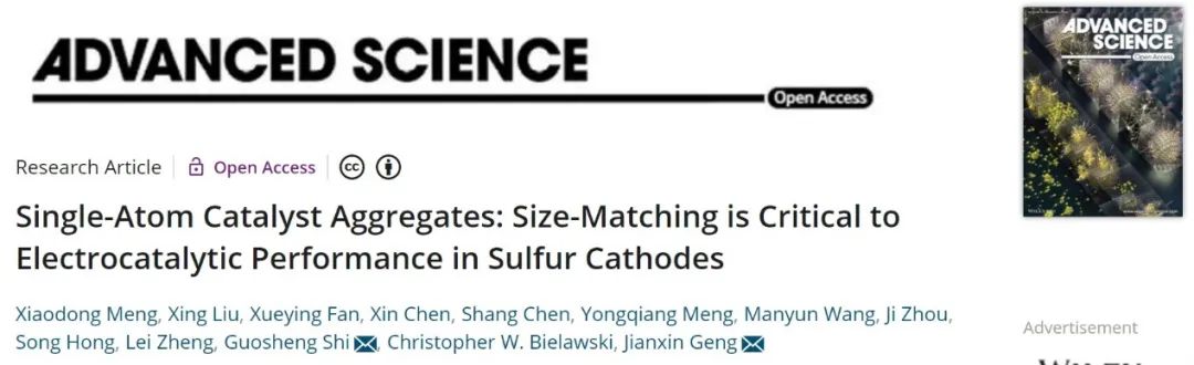 北化工耿建新/上大石国升Adv. Sci.：单原子催化剂聚集体：尺寸匹配对硫正极的电催化性能至关重要！