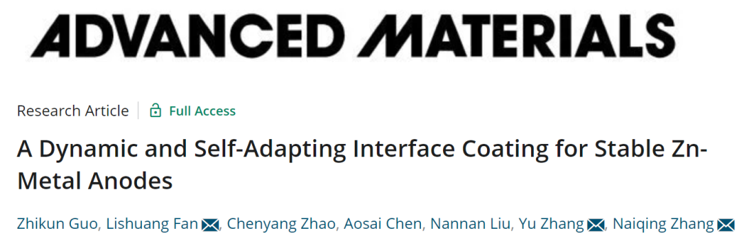 张乃庆/张宇/范立双AM: 用于稳定锌金属负极的动态自适应界面涂层