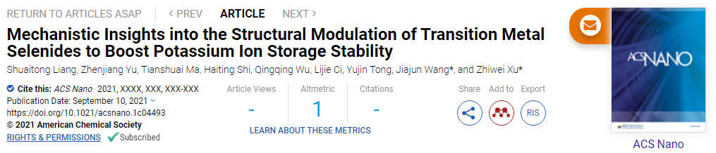 徐志伟/王家钧ACS Nano：过渡金属硒化物结构调控提高储钾稳定性的机理研究