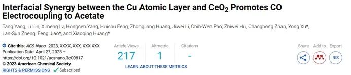 ACS Nano：Cu原子层与CeO2的界面协同作用促进CO转化为乙酸盐